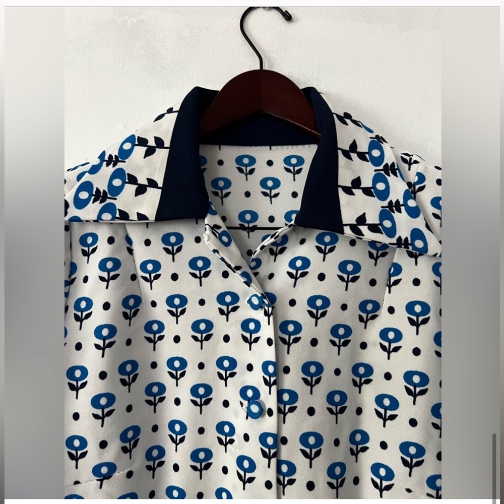 1970s True Vintage Mod Print Tulip Color Block Blazer/Blouse-EUC -Sz M 💙 🖤 - Picture 11 of 16